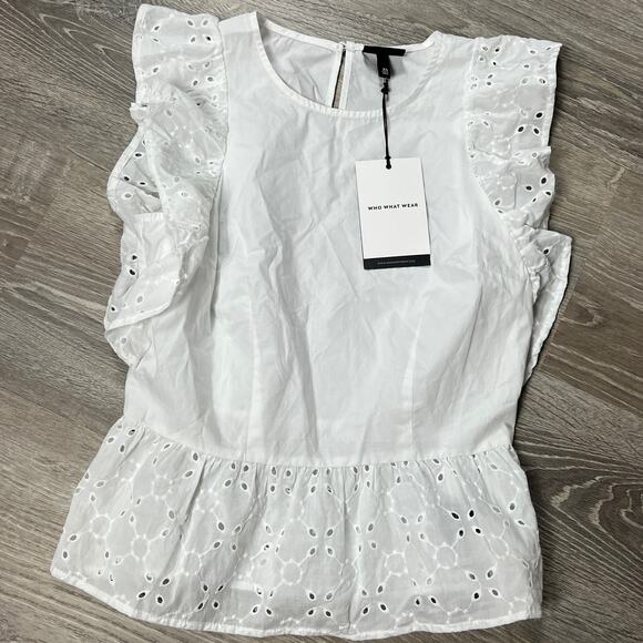 Who What Wear Women's White Eyelet Flutter Sleeve Tank Top - Size XS - NWT - Picture 1 of 9
